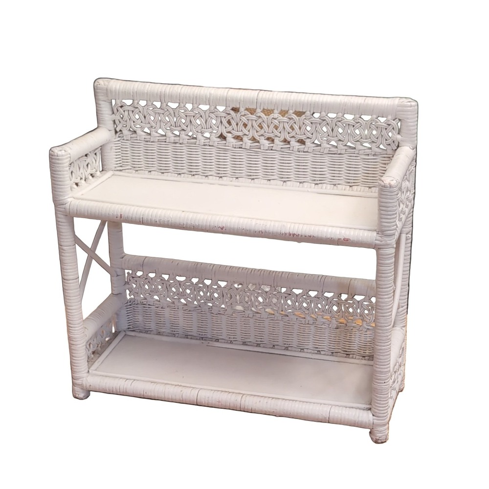 White Wicker 2-Tier Wall Shelf Organizer 17" Wide w/ Brackets
